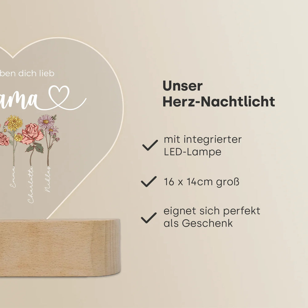 Personalisiertes Herz Acryl-Licht ''Blumen für Mama'' | Nachtlicht, Dekolicht, Glowlight