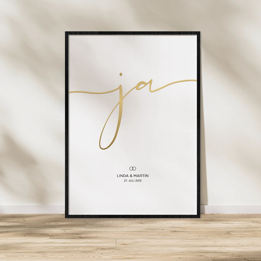 Hochzeitsposter "Ja" mit Goldschrift famwalls