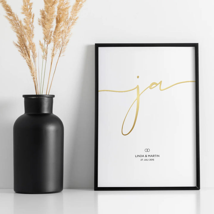 Hochzeitsposter "Ja" mit Goldschrift famwalls