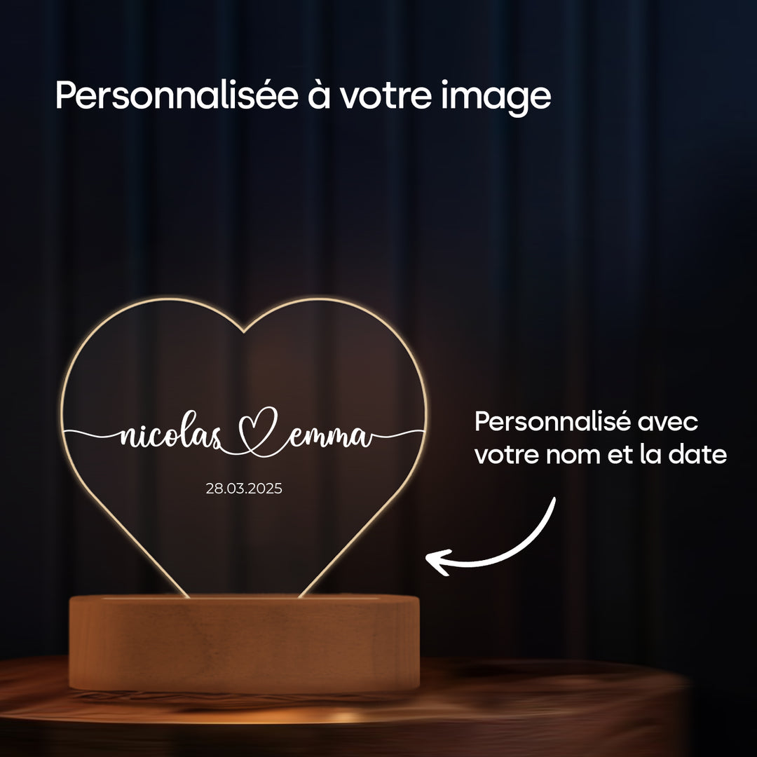 Lumière acrylique coeur personnalisée « Noms et date » | Veilleuse, lumière décorative