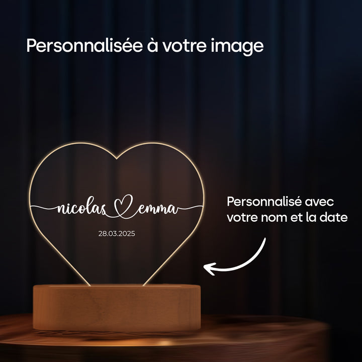Lumière acrylique coeur personnalisée « Noms et date » | Veilleuse, lumière décorative