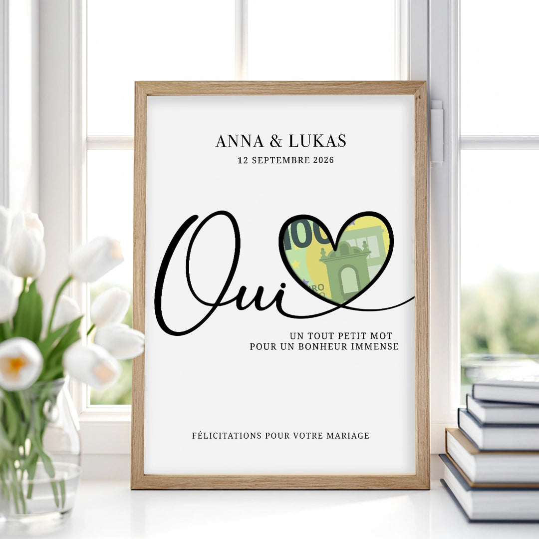Affiche cagnotte de mariage « Oui » avec cœur en billet dans un cadre en bois près d’une fenêtre, market_france