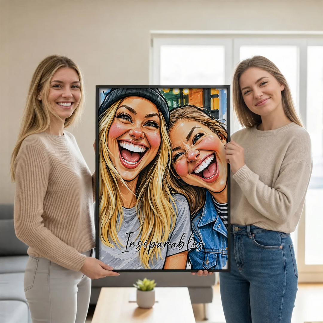 Deux amies présentent leur poster personnalisé Inséparables dans le salon | market_france