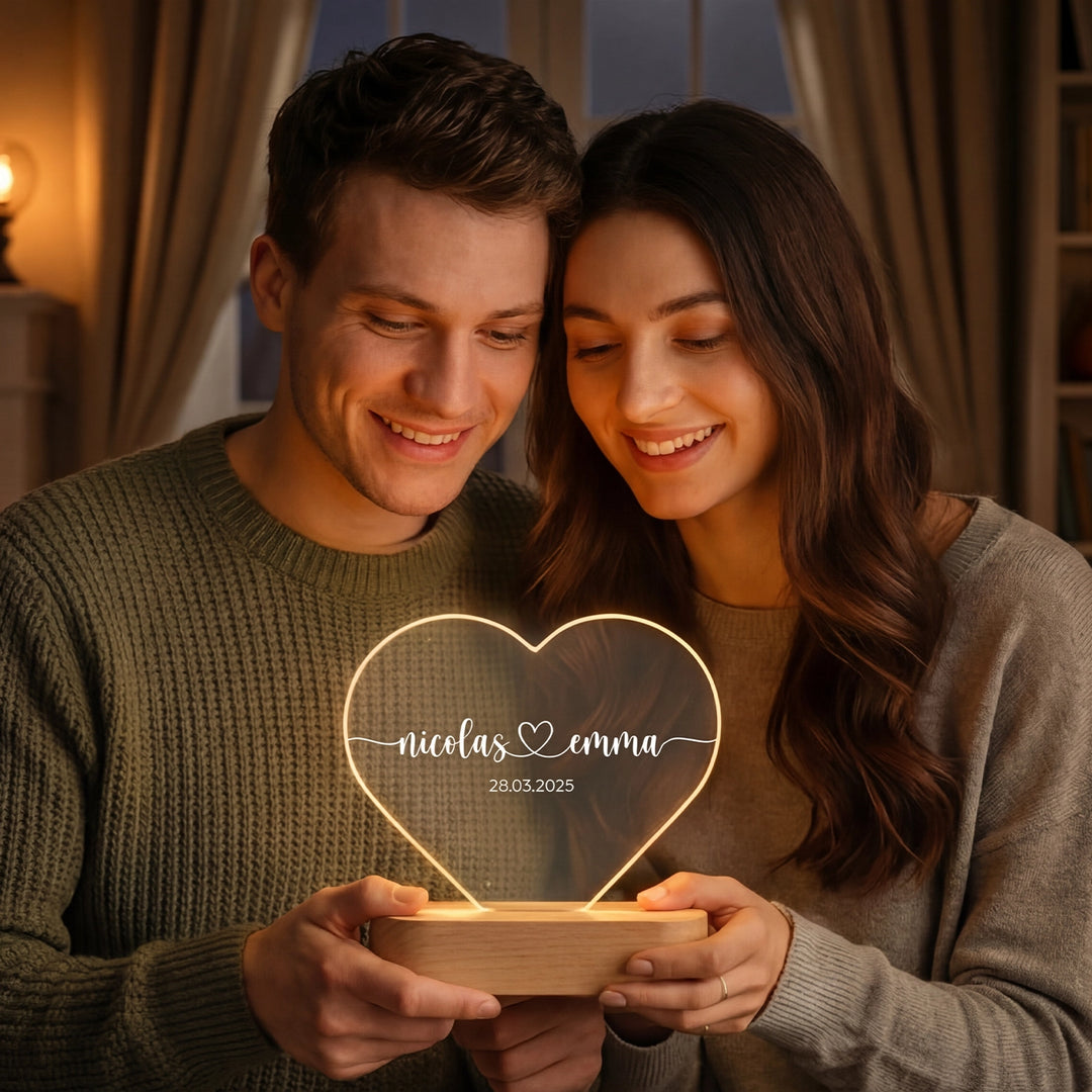 Lumière acrylique coeur personnalisée « Noms et date » | Veilleuse, lumière décorative
