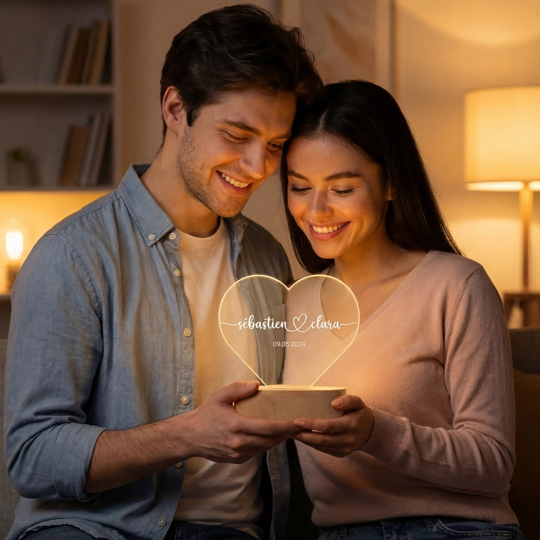 Lumière acrylique coeur personnalisée « Noms et date » | Veilleuse, lumière décorative