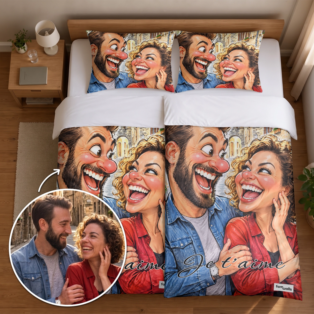 Parure de lit personnalisée « Couple Sketch » avec photo en caricature et phrase « Je t’aime », photo originale dans la loupe | market_france