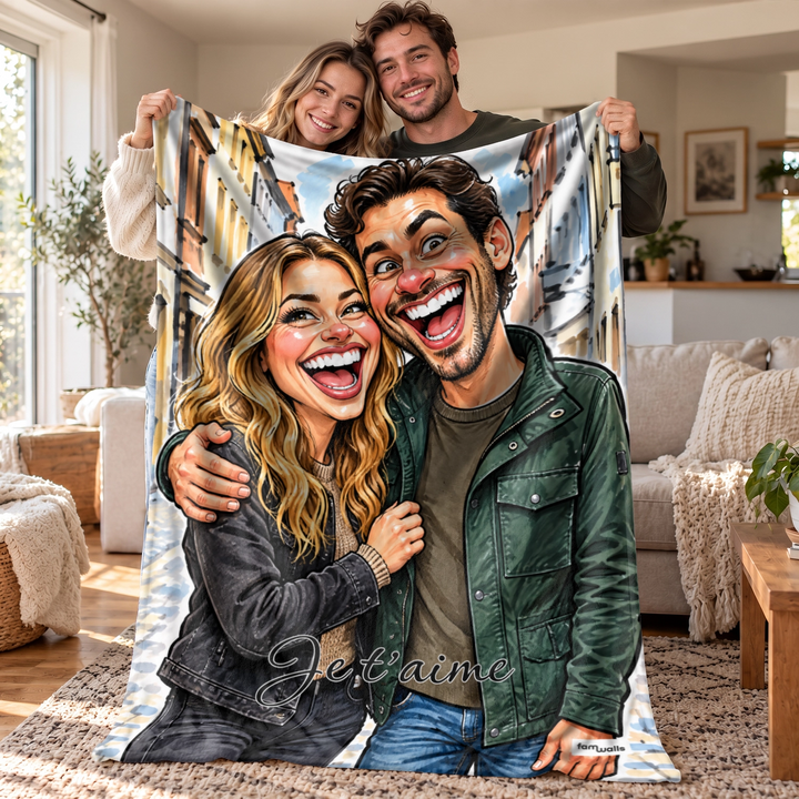 Plaid personnalisé « Couple Sketch » comme cadeau pour les couples : caricature dessinée d'après photo avec texte personnalisé – famwalls, market_france