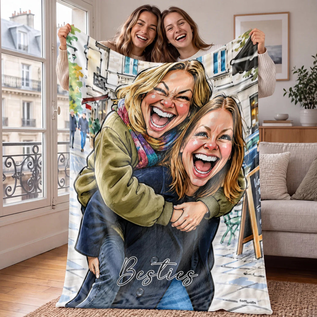Plaid personnalisé « Besties Sketch » à offrir à sa meilleure amie : deux amies rieuses en illustration couleur avec la citation Besties, famwalls | market_france