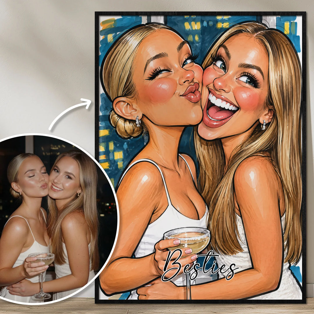 Poster personnalisé « Besties Sketch » : caricature dessinée de deux amies d’après photo avec l’inscription Besties | market_france