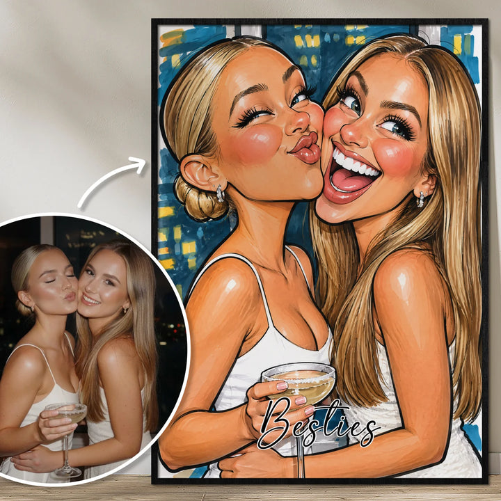 Poster personnalisé « Besties Sketch » : caricature dessinée de deux amies d’après photo avec l’inscription Besties | market_france