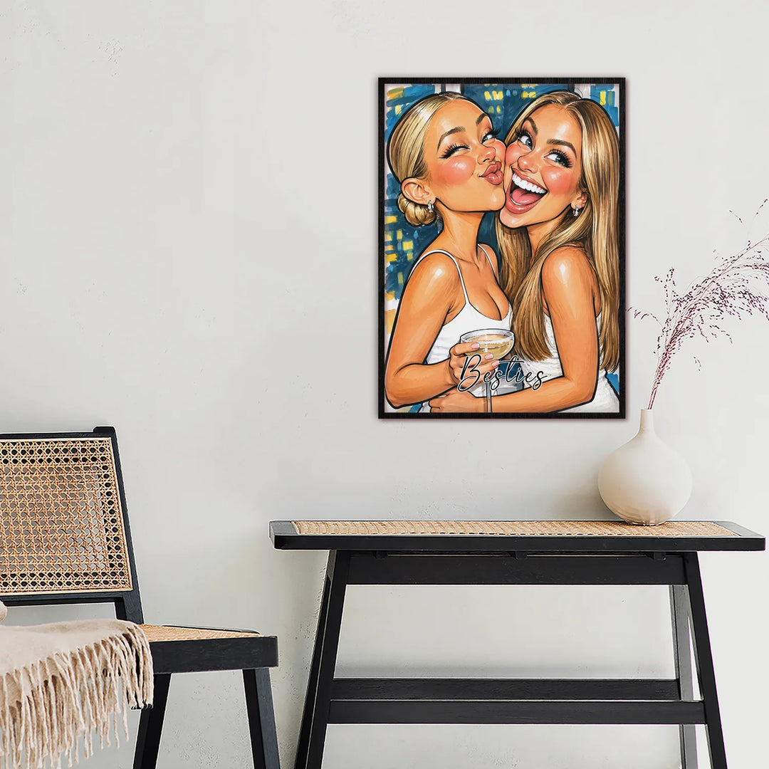 Poster Besties Sketch dans un cadre noir au-dessus d’une console | market_france