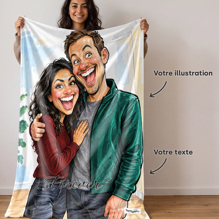 Plaid Couple Sketch tenu par une femme, avec repères pour l'illustration et le texte, market_france