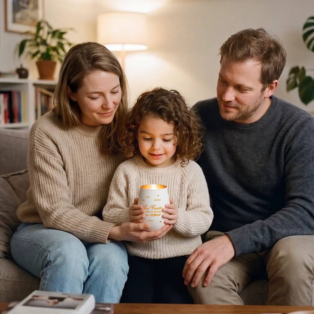 Parents et leur fille sur le canapé avec le photophore blanc personnalisé aux prénoms de la famille | market_france