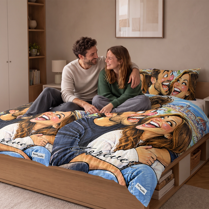 Couple assis sur le lit avec la parure de lit personnalisée en caricature dessinée | market_france