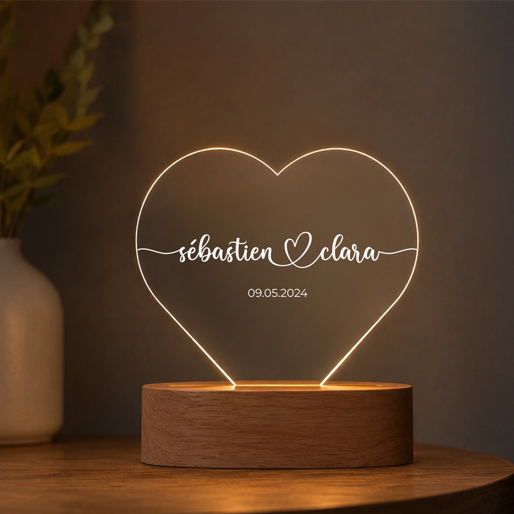 Lumière acrylique coeur personnalisée « Noms et date » | Veilleuse, lumière décorative