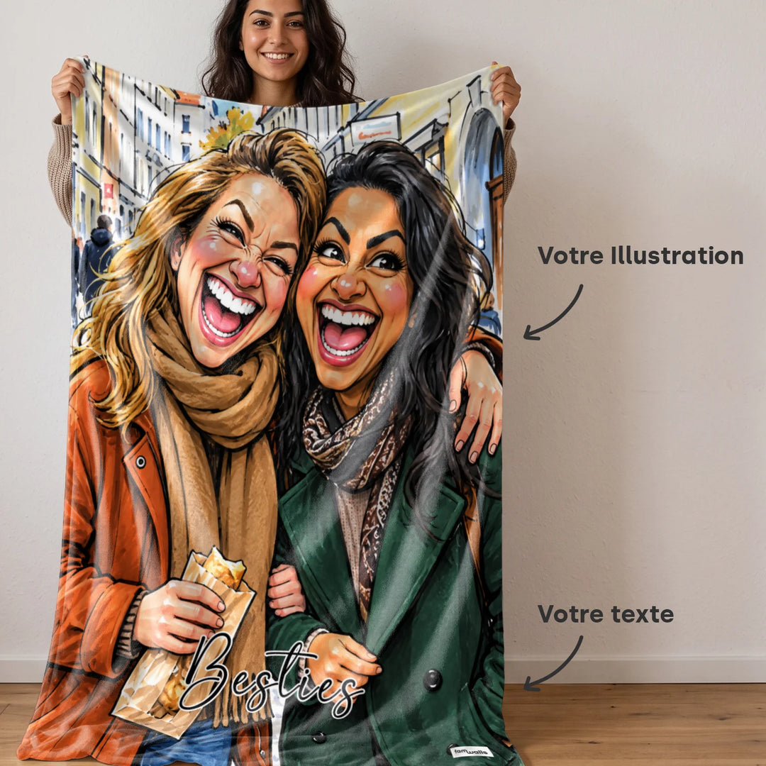 Femme tenant le plaid avec deux amies en illustration et la citation Besties, avec indication de votre illustration et votre texte | market_france