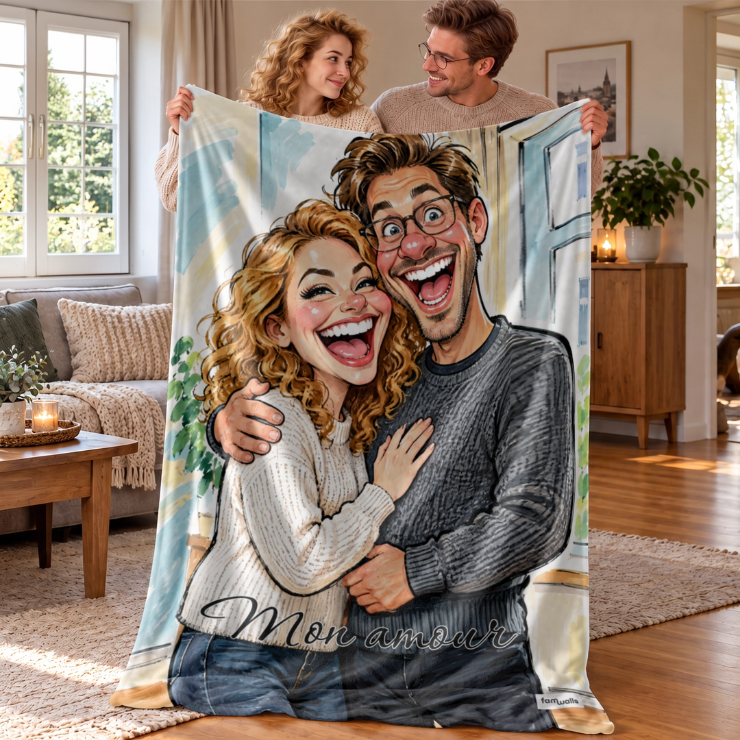 Couple tenant son plaid caricature avec texte dans le salon, market_france