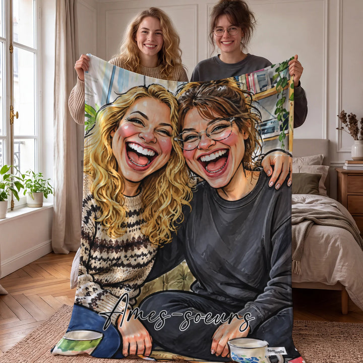 Deux amies tiennent le plaid avec leur illustration et la citation Âmes-sœurs dans la chambre | market_france