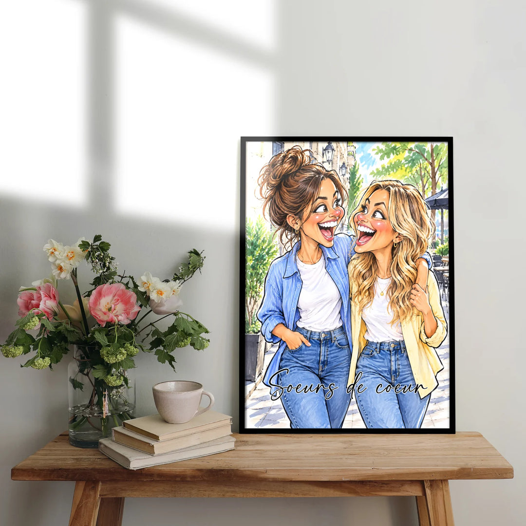 Poster dessiné de deux amies avec l’inscription Sœurs de cœur sur une table en bois avec des fleurs | market_france