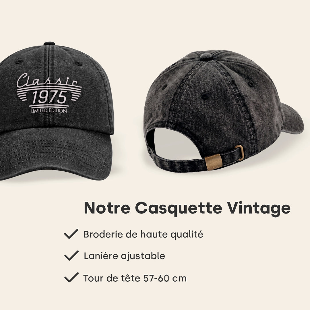 Casquette vintage noire personnalisée vue de face et de dos avec sangle réglable, tour de tête 57 à 60 cm | market_france
