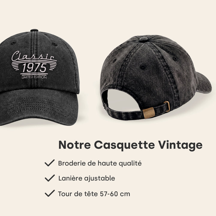 Casquette vintage noire personnalisée vue de face et de dos avec sangle réglable, tour de tête 57 à 60 cm | market_france