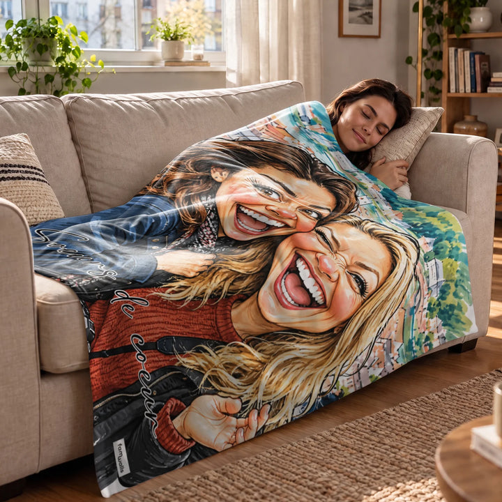 Femme blottie sur le canapé sous le plaid avec deux amies rieuses en illustration | market_france
