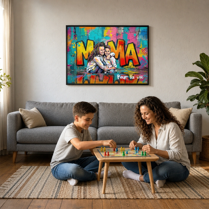 Mère et fils jouent à un jeu de société sous l’affiche Love MAMA colorée façon graffiti, market_france