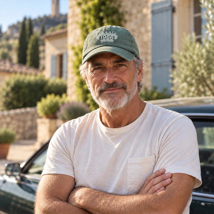 Homme portant une casquette verte personnalisée avec l’année 1986 devant une maison en pierre | market_france