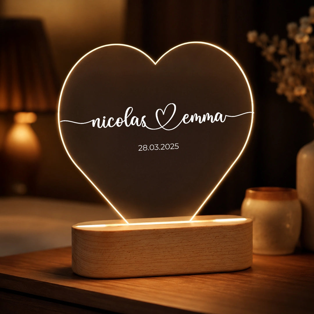 Lumière acrylique coeur personnalisée « Noms et date » | Veilleuse, lumière décorative