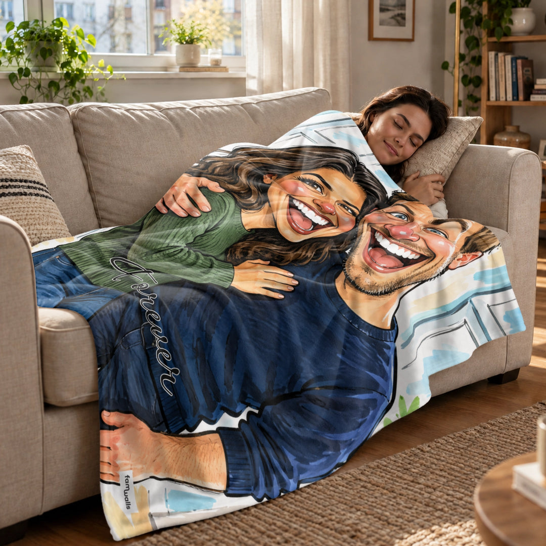 Femme endormie sur le canapé sous le plaid avec caricature de couple, market_france