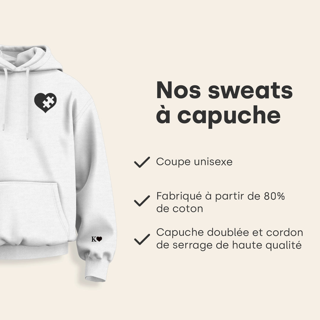 Infographie du sweat à capuche : coupe unisexe, capuche doublée avec cordon de serrage | market_france
