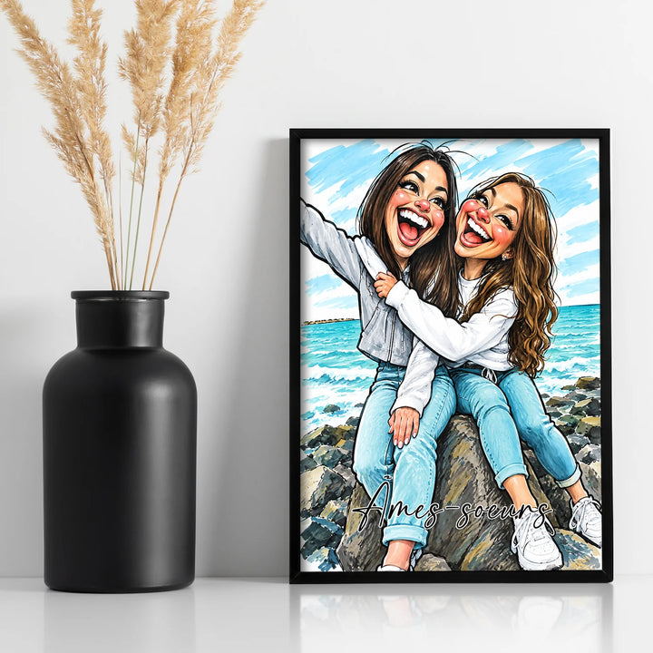 Poster dessiné de deux amies au bord de la mer à côté d’un vase noir | market_france
