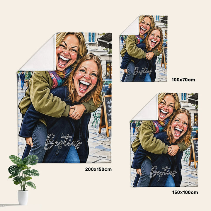 Comparaison des tailles du plaid « Besties Sketch » : 100 x 70 cm, 150 x 100 cm et 200 x 150 cm | market_france