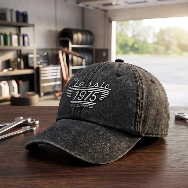 Casquette noire « Limited Edition » avec l’année 1975 sur un établi dans un garage | market_france