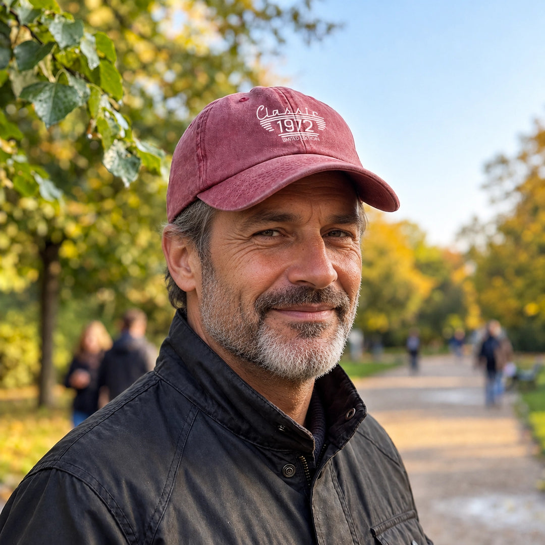 Homme souriant avec une casquette rouge personnalisée lors d’une promenade en automne | market_france