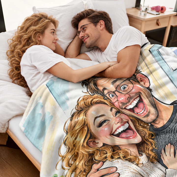 Couple allongé au lit sous le plaid avec sa caricature dessinée, market_france