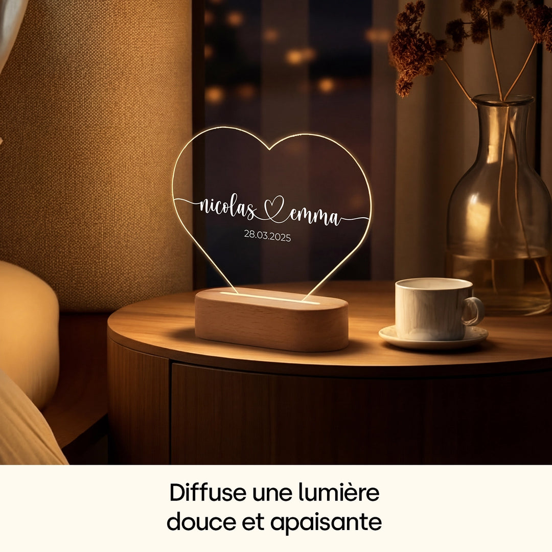 Lumière acrylique coeur personnalisée « Noms et date » | Veilleuse, lumière décorative