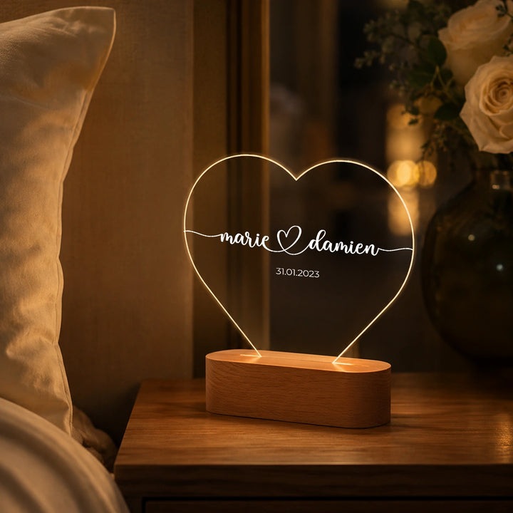 Lumière acrylique coeur personnalisée « Noms et date » | Veilleuse, lumière décorative