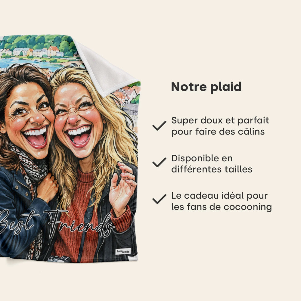 Infographie plaid : super doux, disponible en différentes tailles et idéal en cadeau, avec la citation Best Friends | market_france