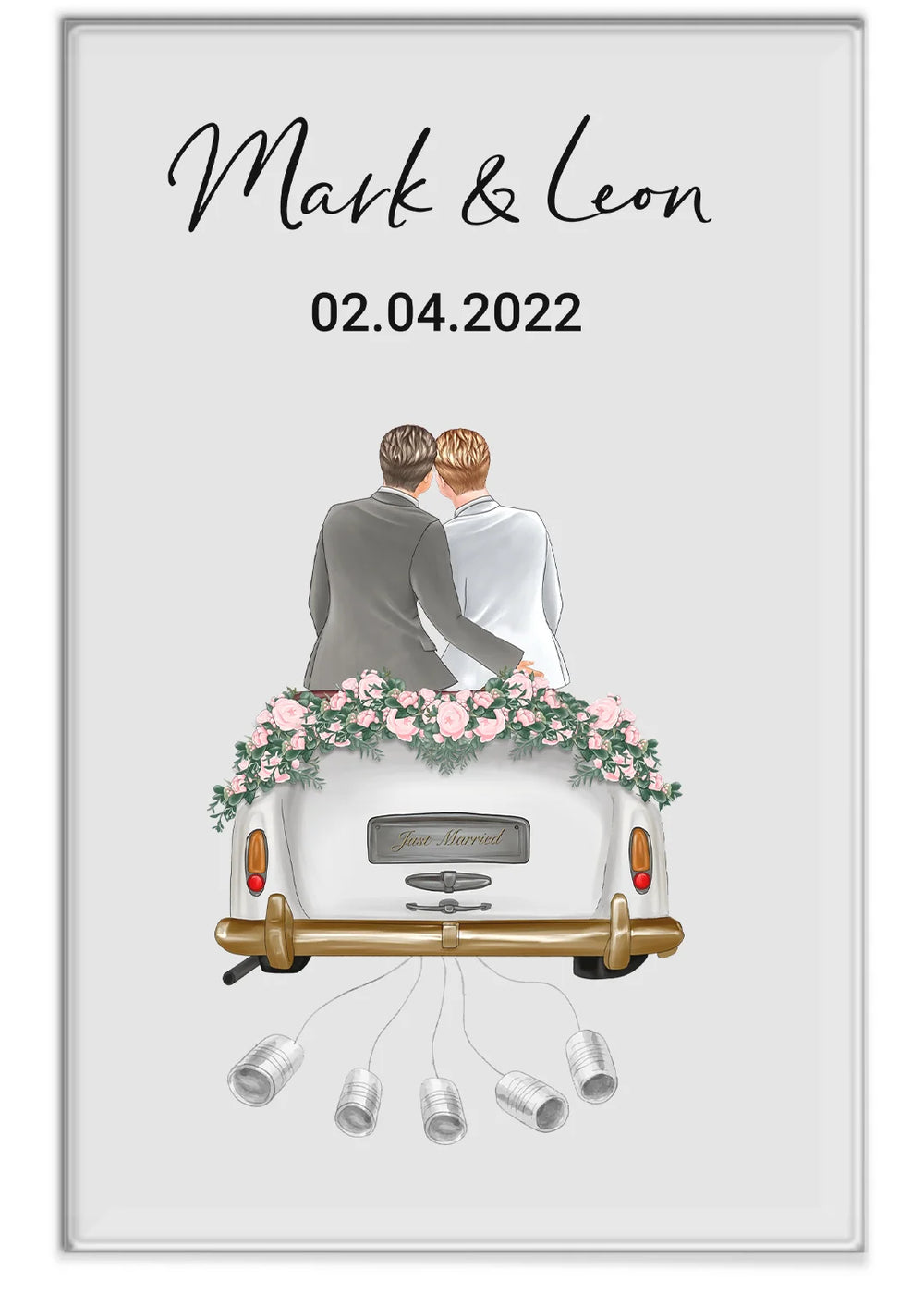 Personalisierte Acryltafel für Hochzeitsgeschenk mit Illustration eines frisch verheirateten Paares im Auto, geschmückt mit Blumen und Dosen. Namen und Datum der Hochzeit sind eingraviert.