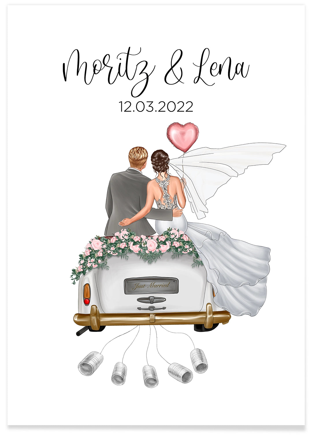 Personalisiertes Hochzeitsposter mit Brautpaar auf geschmücktem Auto, Namen und Datum, rosa Herz und Blumendekoration, ideales Geldgeschenk für Moritz und Lena zur Hochzeit am 12.03.2022