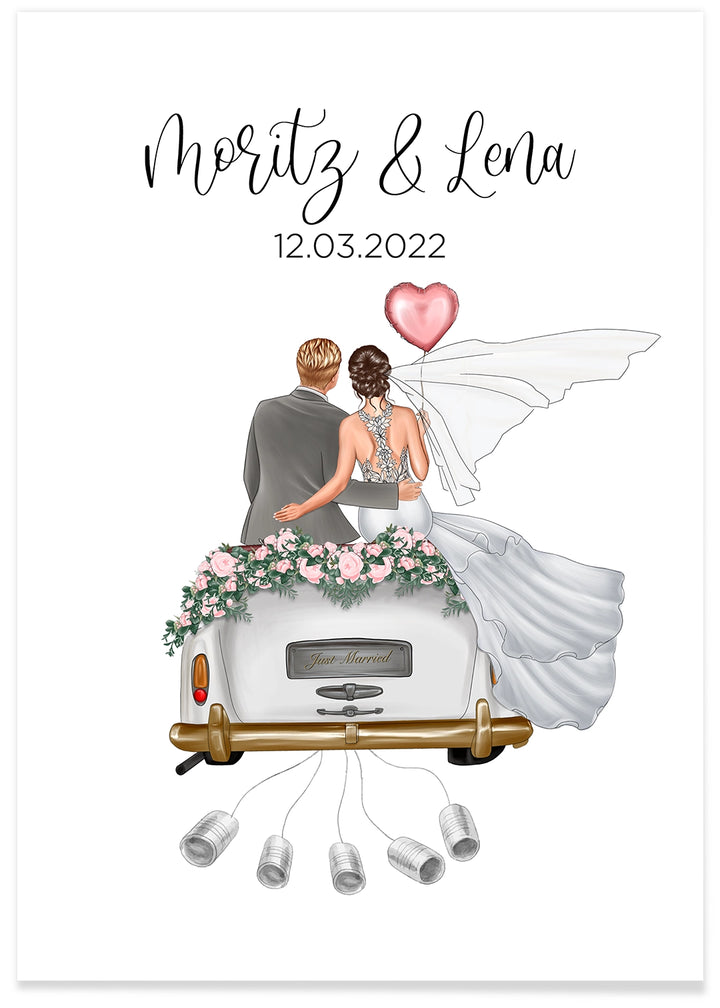 Personalisiertes Hochzeitsposter mit Brautpaar auf geschmücktem Auto, Namen und Datum, rosa Herz und Blumendekoration, ideales Geldgeschenk für Moritz und Lena zur Hochzeit am 12.03.2022