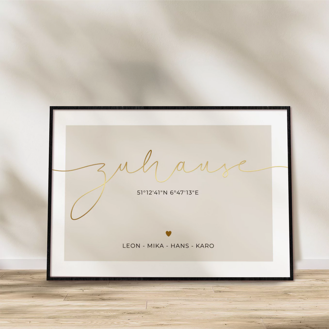 Poster "Zuhause Koordinaten" mit Goldschrift famwalls