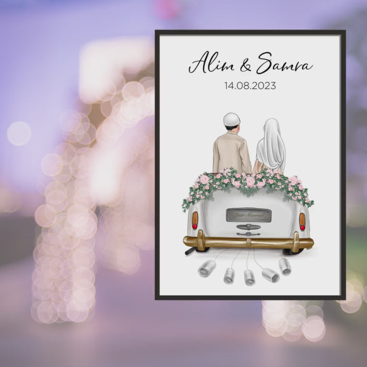 "Just Married" - Affiche personnalisée comme cadeau en argent | couple musulman